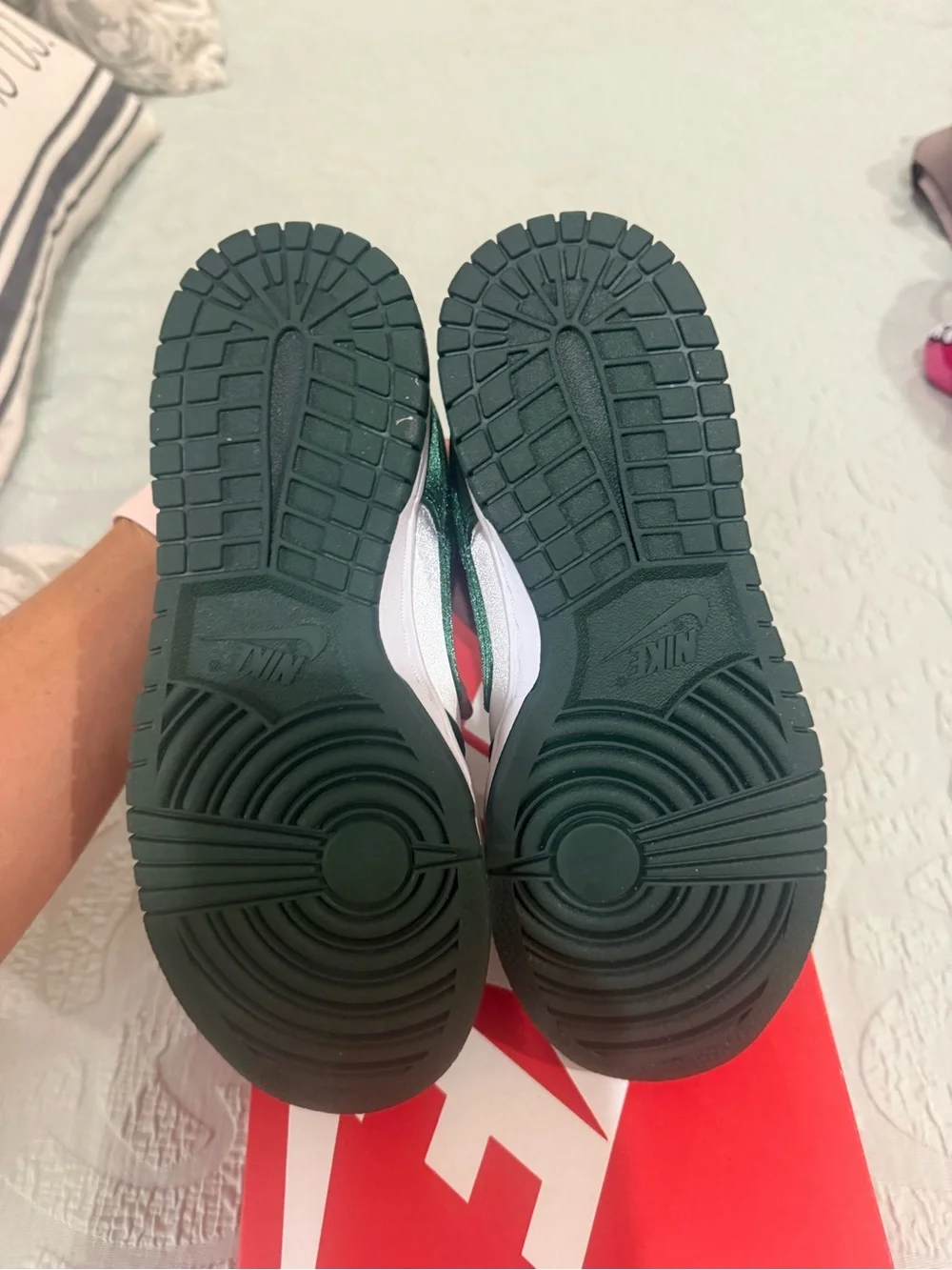 Nike Kids Dark Green Satin and White Low-Top Sneakers